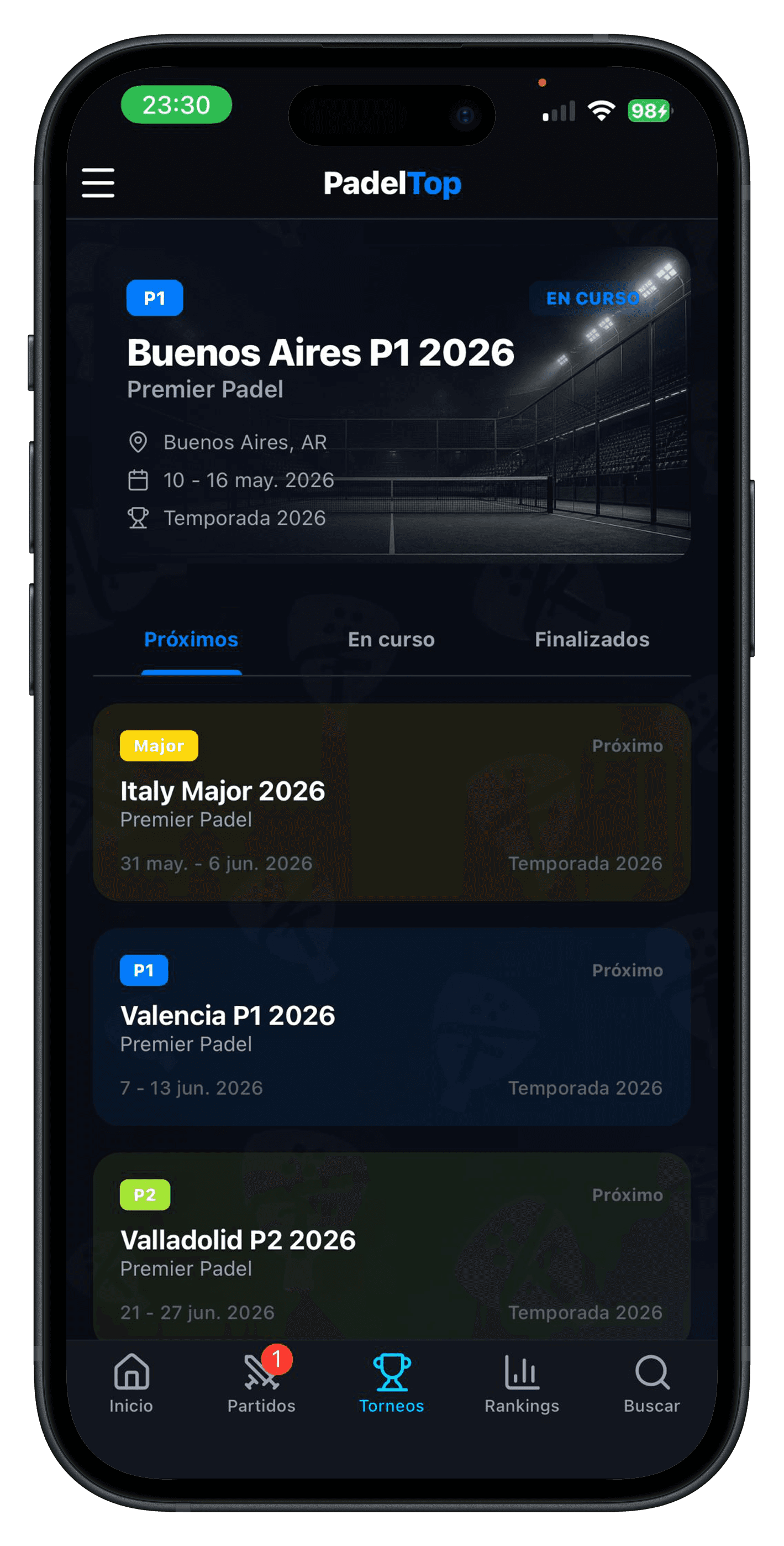 Pantalla de torneos en la app de PadelTop