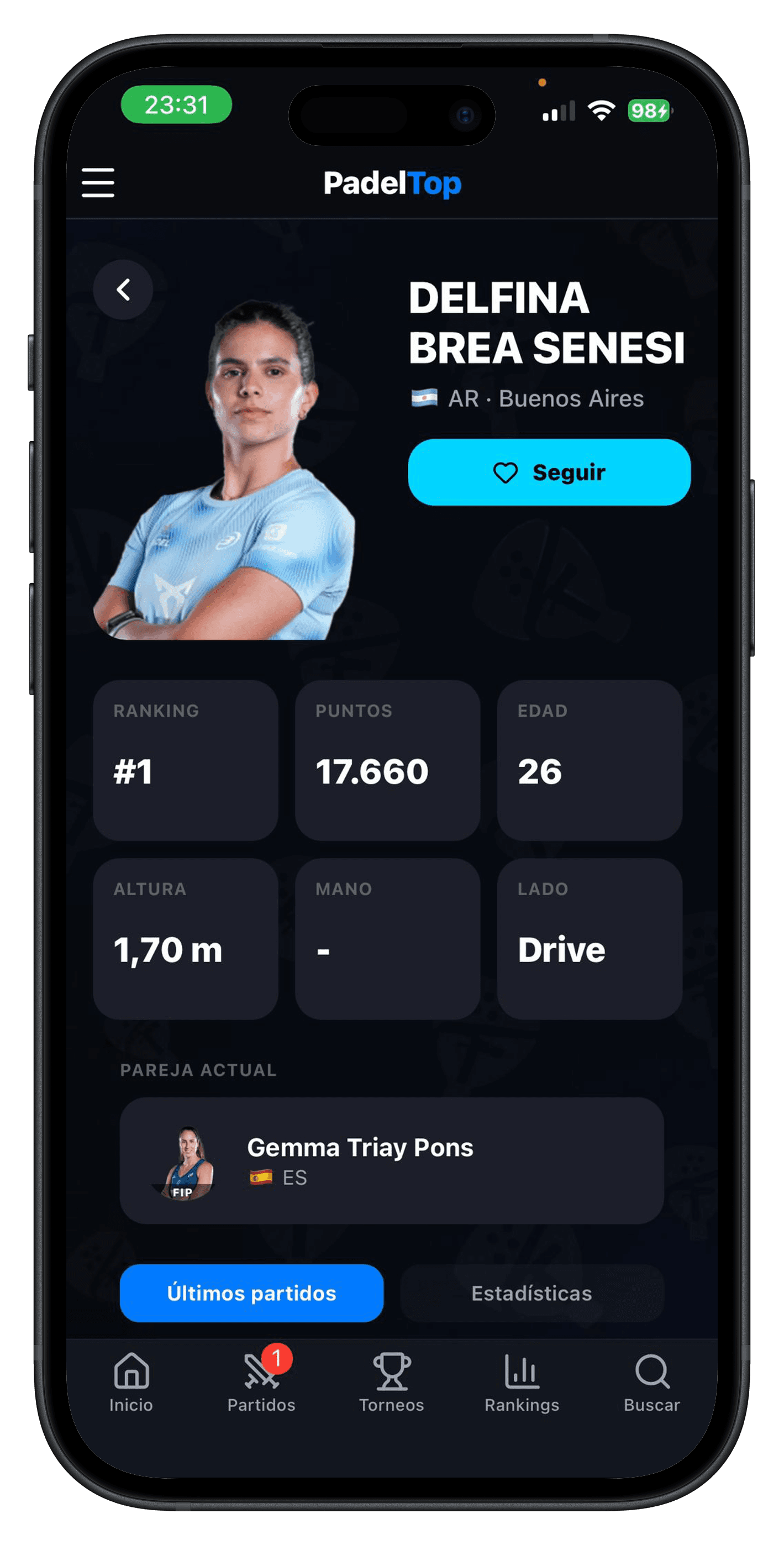 Perfil de jugador en la app de PadelTop
